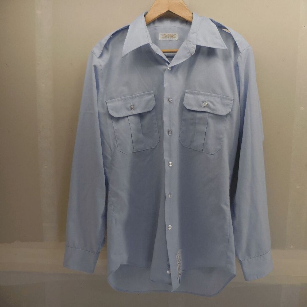 Vintage Creighton Made In USA 15.5-33 Medium Blue Cadet Button Up Shirt